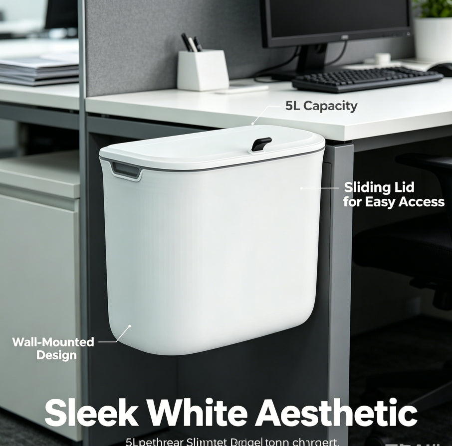 5L Wall Mounted Trash Can with Sliding Lid, White No-Drill Hanging Waste Bin for Under Desk Bathroom Kitchen Office Dorm