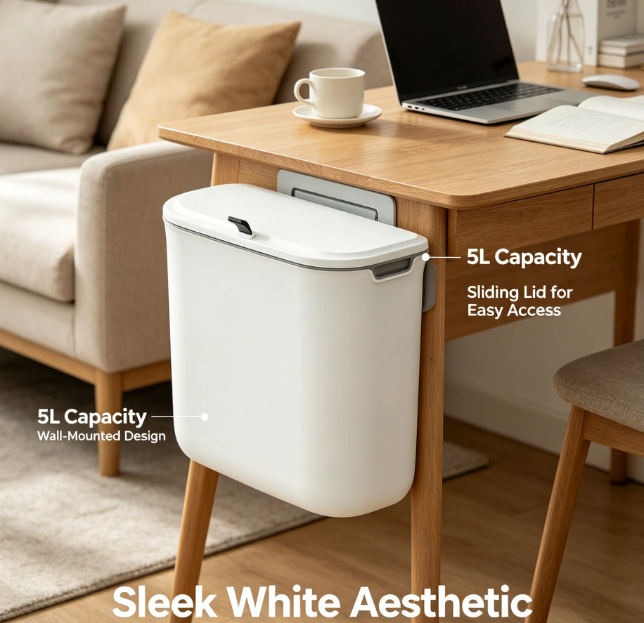 5L Wall Mounted Trash Can with Sliding Lid, White No-Drill Hanging Waste Bin for Under Desk Bathroom Kitchen Office Dorm
