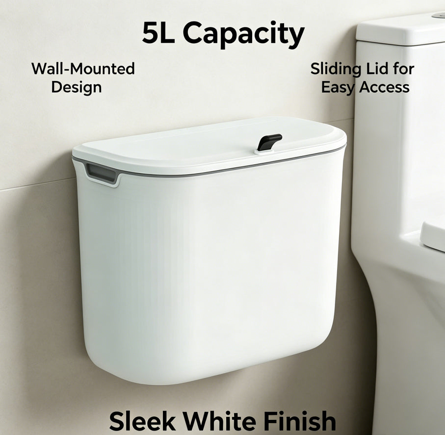 5L Wall Mounted Trash Can with Sliding Lid, White No-Drill Hanging Waste Bin for Under Desk Bathroom Kitchen Office Dorm