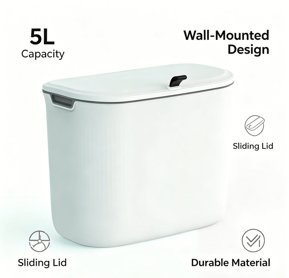 5L Wall Mounted Trash Can with Sliding Lid, White No-Drill Hanging Waste Bin for Under Desk Bathroom Kitchen Office Dorm