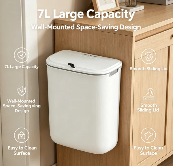 7L Wall Mounted Trash Can with Sliding Lid, White No-Drill Hanging Waste Bin for Bathroom Kitchen Office Under Desk Kids Room