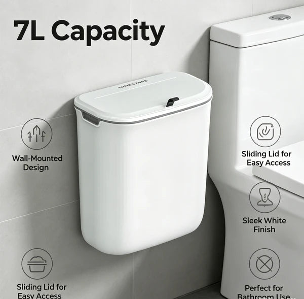 7L Wall Mounted Trash Can with Sliding Lid, White No-Drill Hanging Waste Bin for Bathroom Kitchen Office Under Desk Kids Room