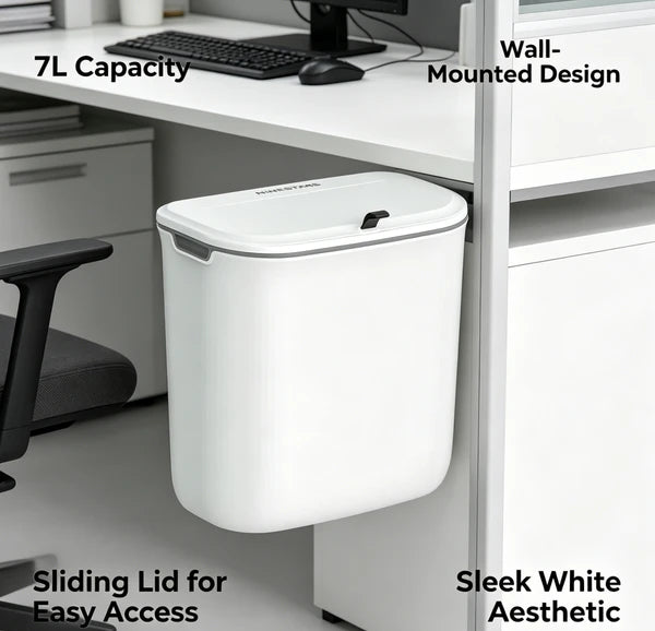 7L Wall Mounted Trash Can with Sliding Lid, White No-Drill Hanging Waste Bin for Bathroom Kitchen Office Under Desk Kids Room