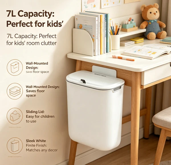 7L Wall Mounted Trash Can with Sliding Lid, White No-Drill Hanging Waste Bin for Bathroom Kitchen Office Under Desk Kids Room