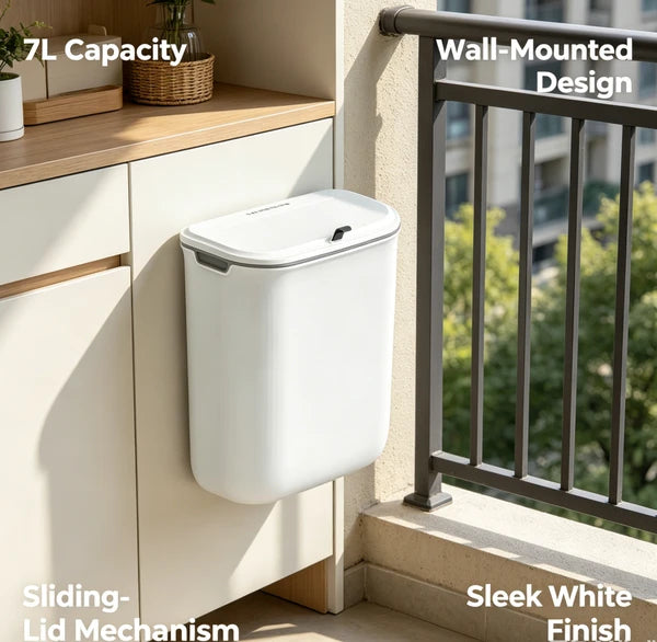 7L Wall Mounted Trash Can with Sliding Lid, White No-Drill Hanging Waste Bin for Bathroom Kitchen Office Under Desk Kids Room