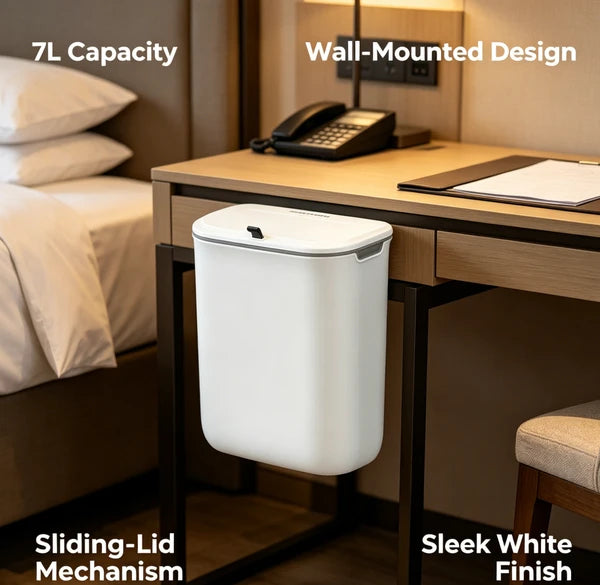 7L Wall Mounted Trash Can with Sliding Lid, White No-Drill Hanging Waste Bin for Bathroom Kitchen Office Under Desk Kids Room