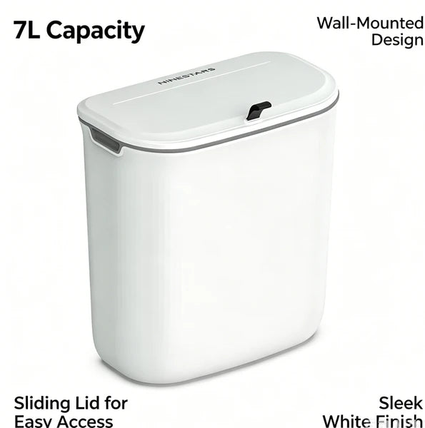 7L Wall Mounted Trash Can with Sliding Lid, White No-Drill Hanging Waste Bin for Bathroom Kitchen Office Under Desk Kids Room