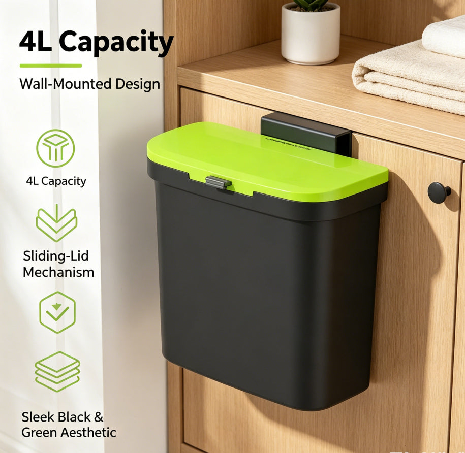 4L No-Drill Wall Mounted Trash Can with Sliding Lid, Black Green Hanging Waste Bin for Kitchen Cabinet Door Bathroom Office