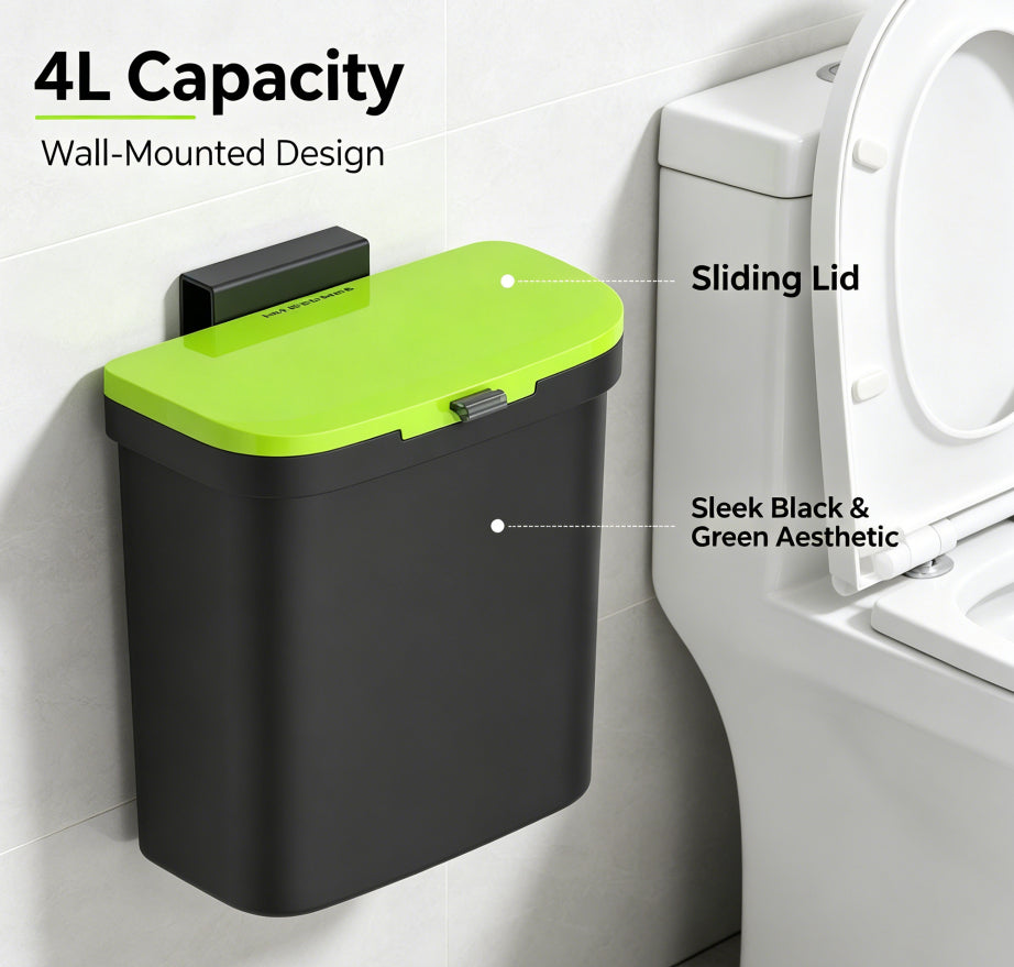 4L No-Drill Wall Mounted Trash Can with Sliding Lid, Black Green Hanging Waste Bin for Kitchen Cabinet Door Bathroom Office