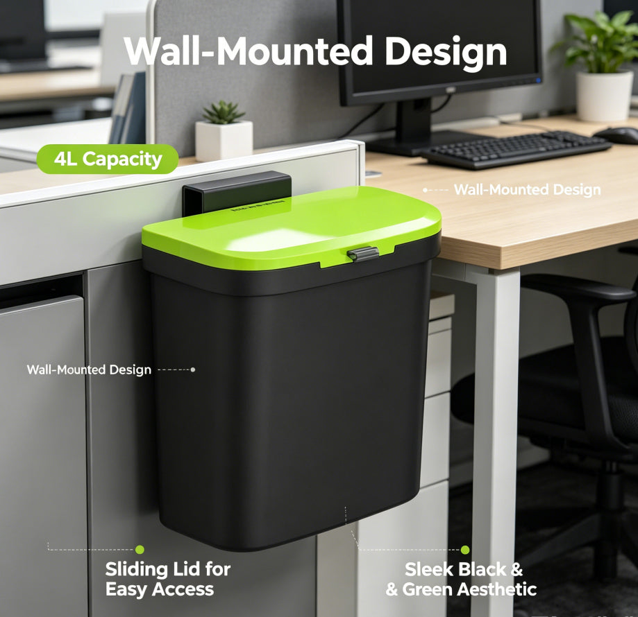 4L No-Drill Wall Mounted Trash Can with Sliding Lid, Black Green Hanging Waste Bin for Kitchen Cabinet Door Bathroom Office