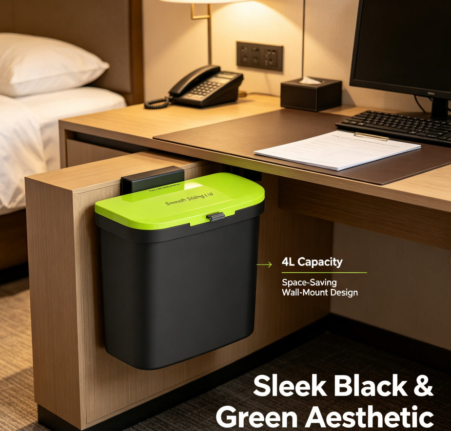 4L No-Drill Wall Mounted Trash Can with Sliding Lid, Black Green Hanging Waste Bin for Kitchen Cabinet Door Bathroom Office