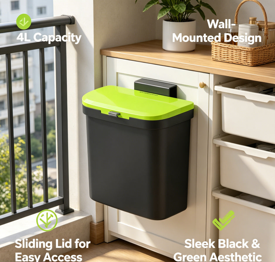 4L No-Drill Wall Mounted Trash Can with Sliding Lid, Black Green Hanging Waste Bin for Kitchen Cabinet Door Bathroom Office