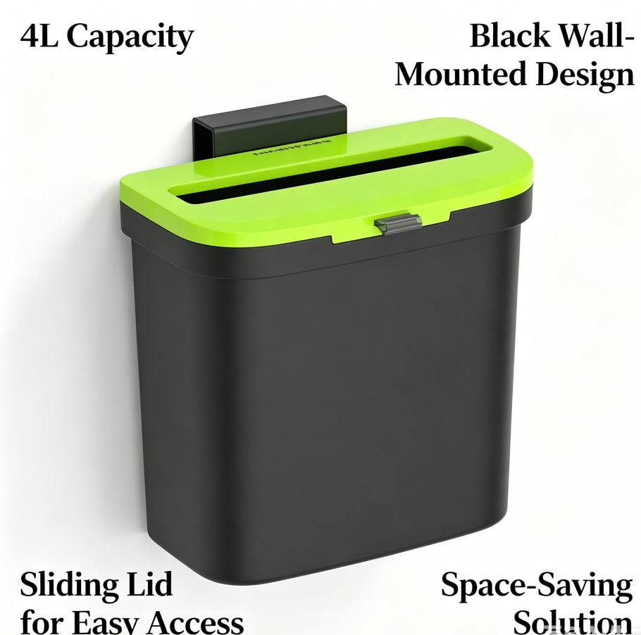 4L No-Drill Wall Mounted Trash Can with Sliding Lid, Black Green Hanging Waste Bin for Kitchen Cabinet Door Bathroom Office