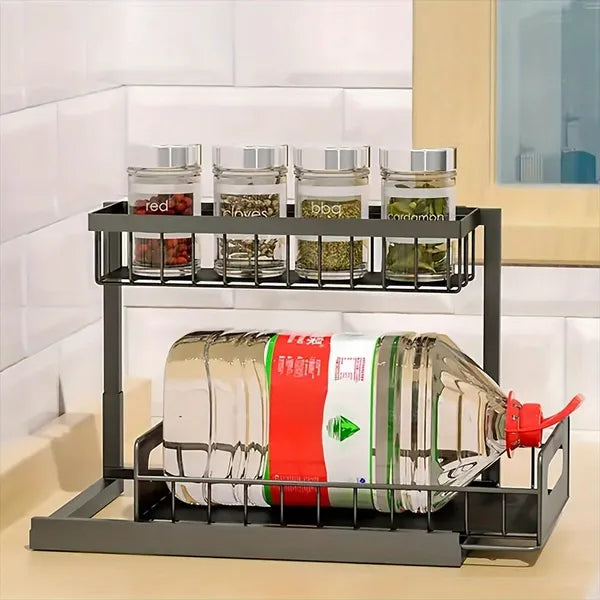 2 Tier Pull Out Under Sink Organizer, Sliding Black Metal Cabinet Basket with Handles, Under Counter Storage for Kitchen Bathroom Pantry