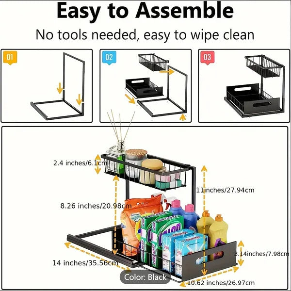 2 Tier Pull Out Under Sink Organizer, Sliding Black Metal Cabinet Basket with Handles, Under Counter Storage for Kitchen Bathroom Pantry