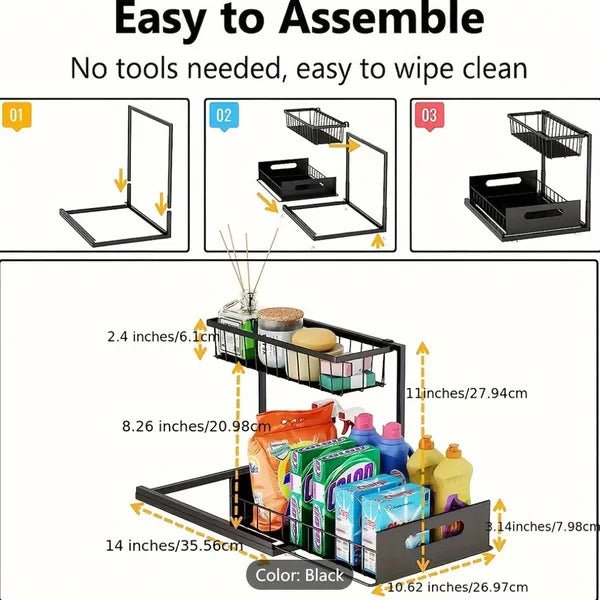 2 Pack 2 Tier Under Sink Organizers, Pull Out Black Metal Cabinet Storage Basket, Sliding Under Counter Organizer for Kitchen Bathroom Pantry