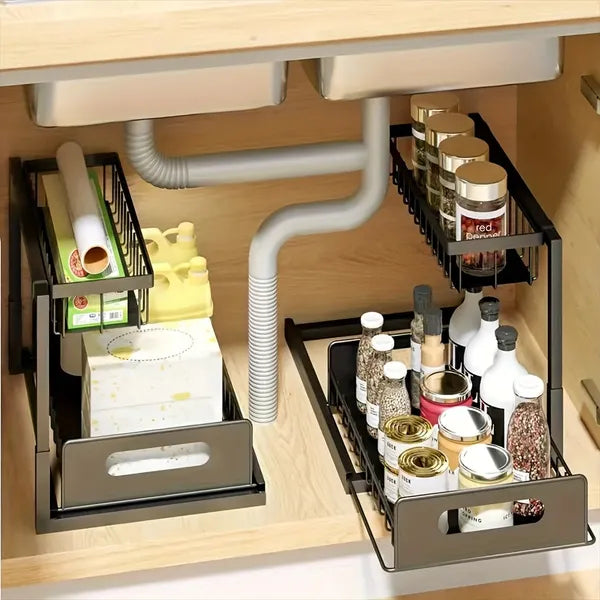 2 Pack 2 Tier Under Sink Organizers, Pull Out Black Metal Cabinet Storage Basket, Sliding Under Counter Organizer for Kitchen Bathroom Pantry