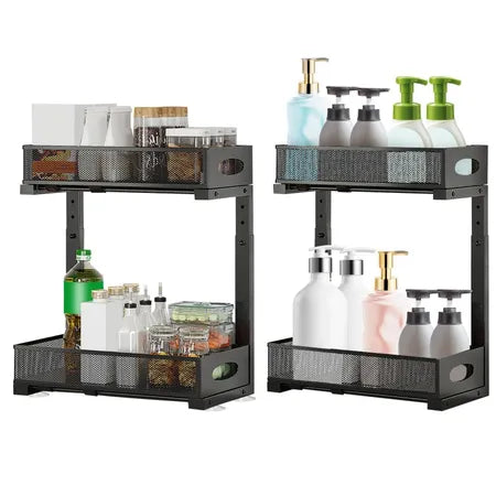 2 Pack 2 Tier Under Sink Organizers, Pull Out Black Metal Cabinet Storage Basket, Sliding Under Counter Organizer for Kitchen Bathroom Pantry