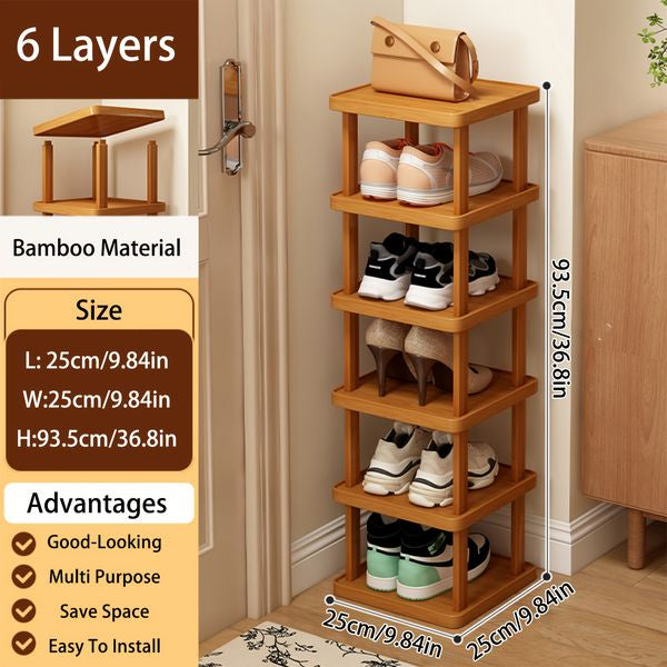 6 Tier Bamboo Narrow Shoe Rack, Vertical Space Saving Shoe Shelf Organizer for Entryway Closet Bedroom Hallway