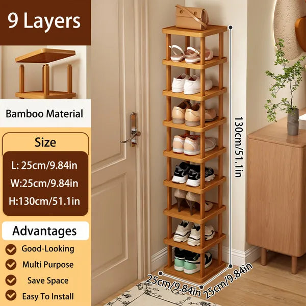 9 Tier Bamboo Narrow Shoe Rack, Vertical Space Saving Shoe Shelf Organizer for Entryway Closet Bedroom Hallway