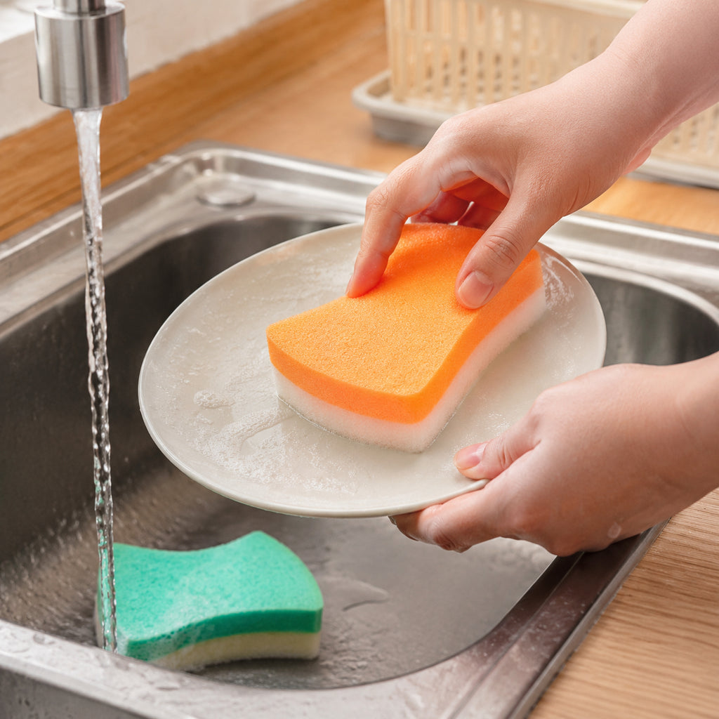 2 Pack Non-Scratch Dish Sponge Scourers, Dual Layer Cleaning Scrub Sponges with Comfort Grip for Kitchen Sink Nonstick Cookware