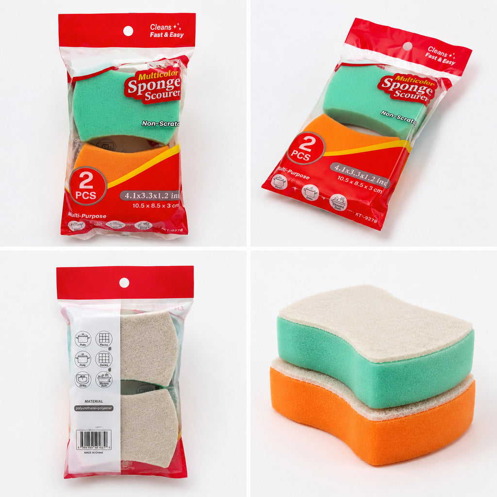 2 Pack Non-Scratch Dish Sponge Scourers, Dual Layer Cleaning Scrub Sponges with Comfort Grip for Kitchen Sink Nonstick Cookware