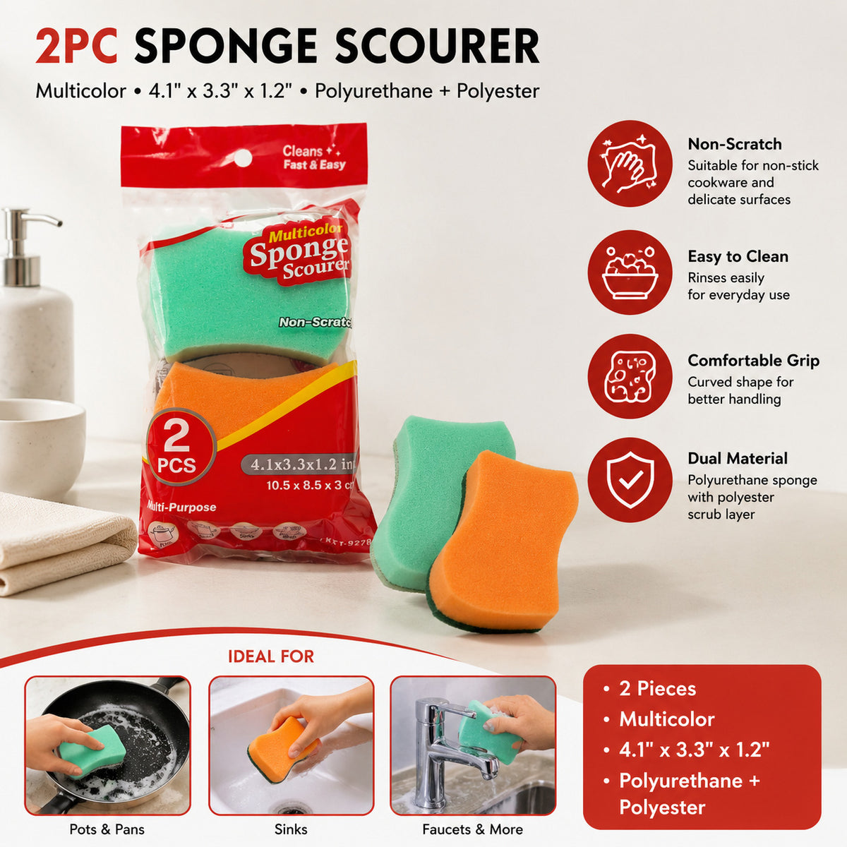 2 Pack Non-Scratch Dish Sponge Scourers, Dual Layer Cleaning Scrub Sponges with Comfort Grip for Kitchen Sink Nonstick Cookware