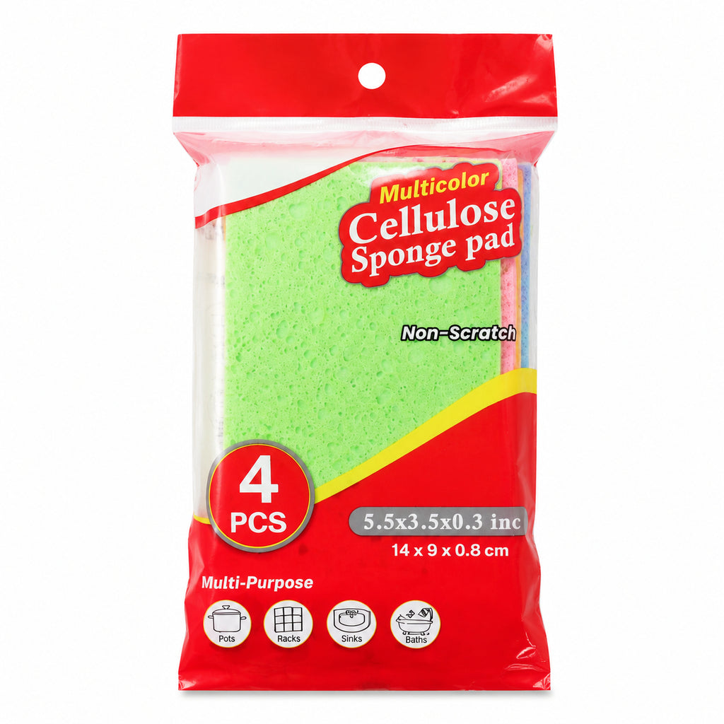 4 Pack Non-Scratch Cellulose Dish Sponge Pads, Highly Absorbent Multi-Color Cleaning Sponges for Kitchen Sink Bathroom Cookware
