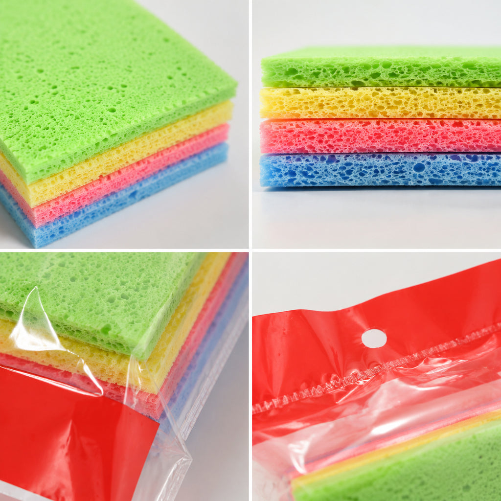 4 Pack Non-Scratch Cellulose Dish Sponge Pads, Highly Absorbent Multi-Color Cleaning Sponges for Kitchen Sink Bathroom Cookware