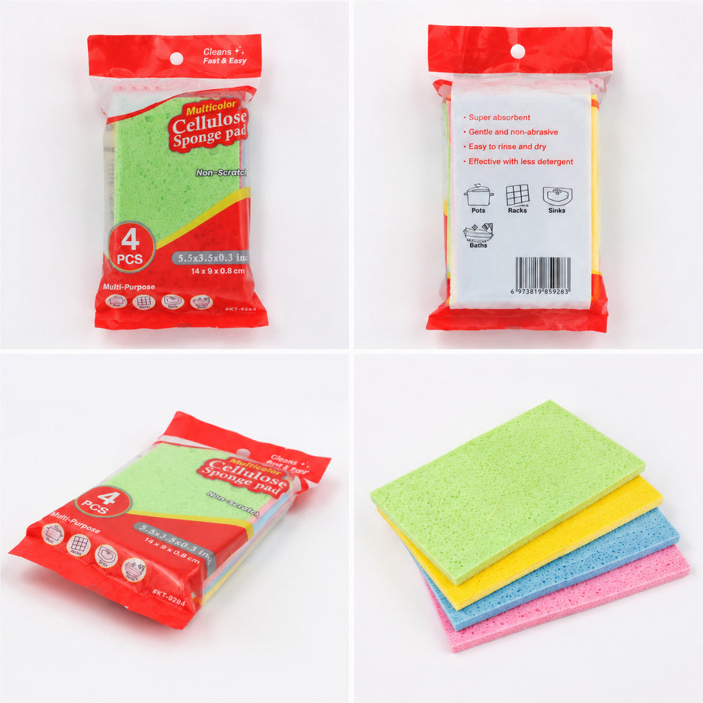 4 Pack Non-Scratch Cellulose Dish Sponge Pads, Highly Absorbent Multi-Color Cleaning Sponges for Kitchen Sink Bathroom Cookware