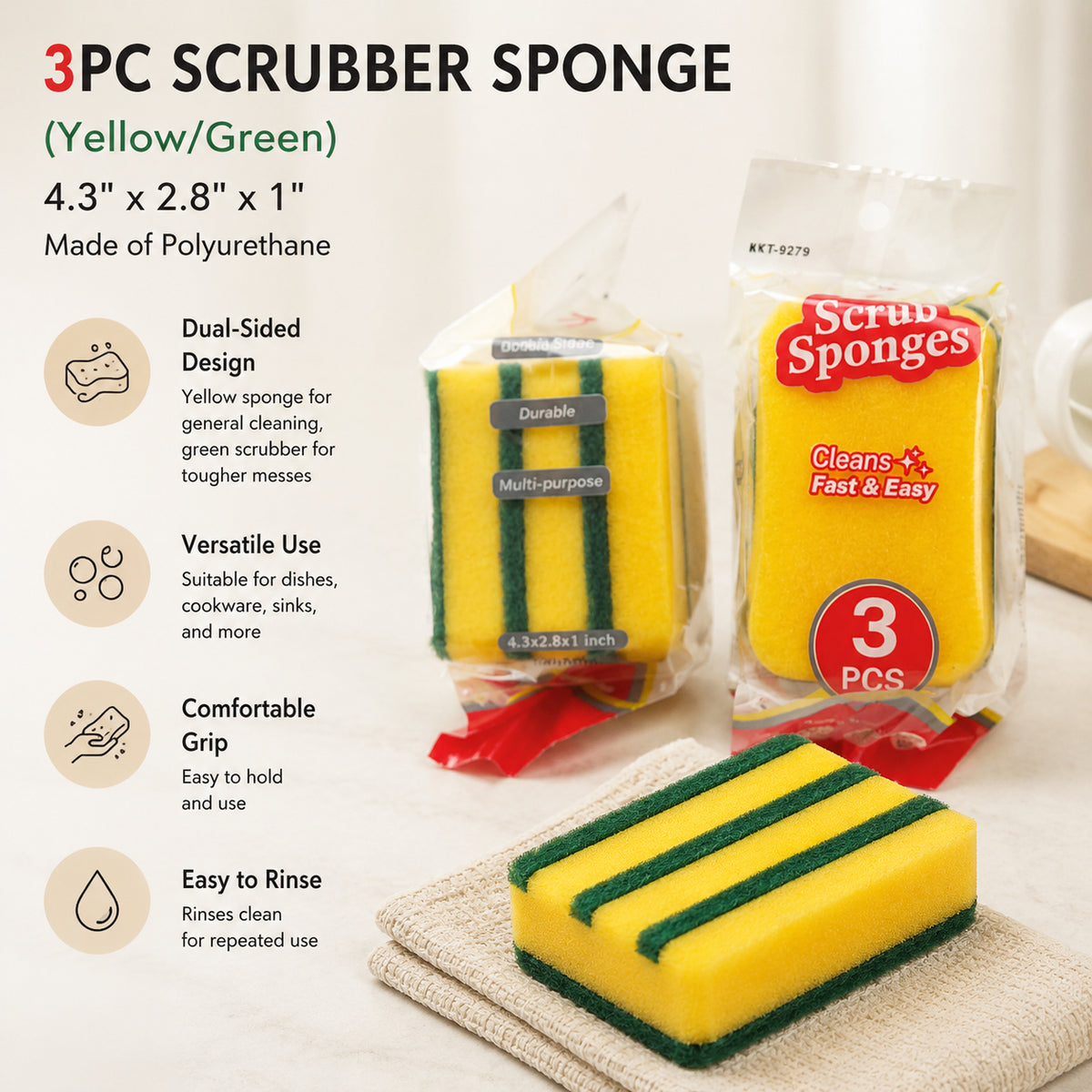 3 Pack Dual-Sided Scrub Sponges, Heavy Duty Polyurethane Kitchen Scouring Pads for Dishes Pots Sinks Countertops Cleaning
