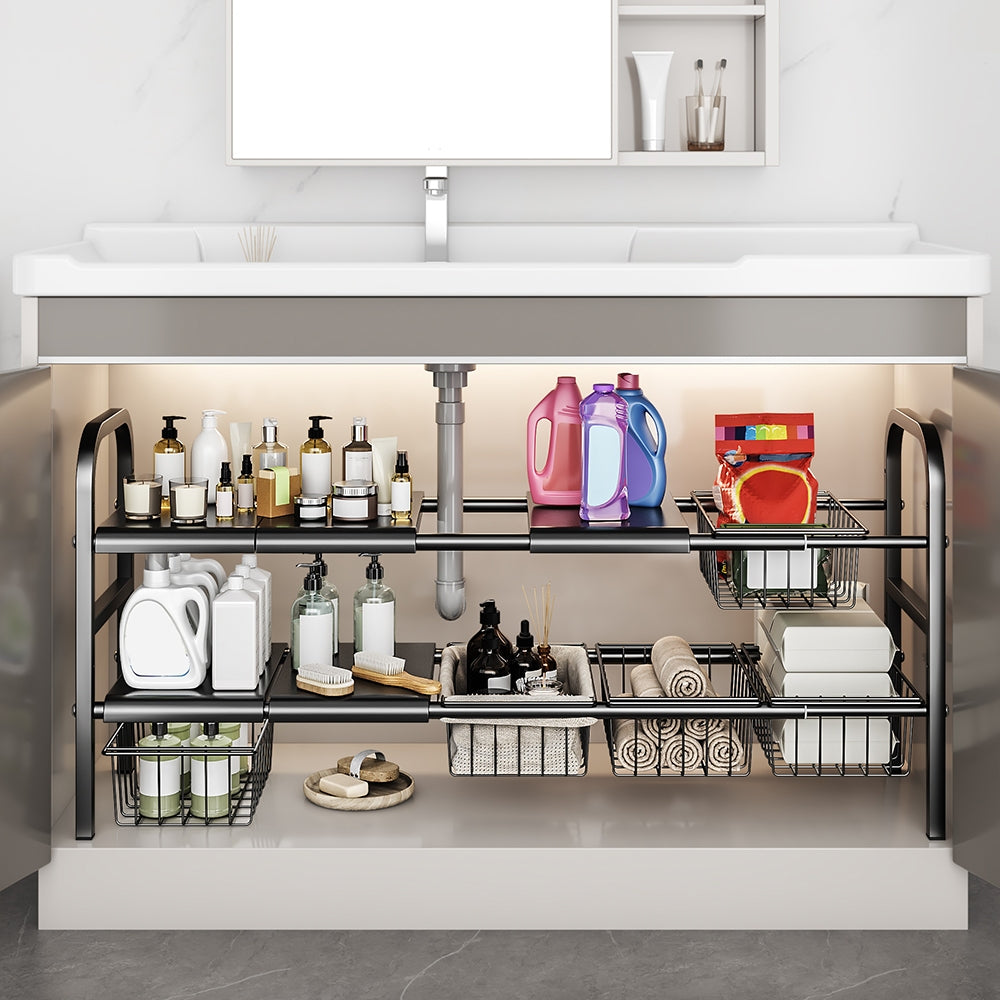 2 Tier Expandable Under Sink Organizer, L-Shaped Adjustable Metal Storage Rack with Removable Baskets for Kitchen Bathroom Cabinet