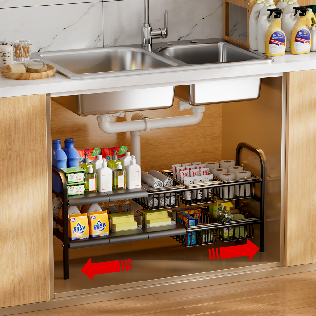 2 Tier Expandable Under Sink Organizer, L-Shaped Adjustable Metal Storage Rack with Removable Baskets for Kitchen Bathroom Cabinet
