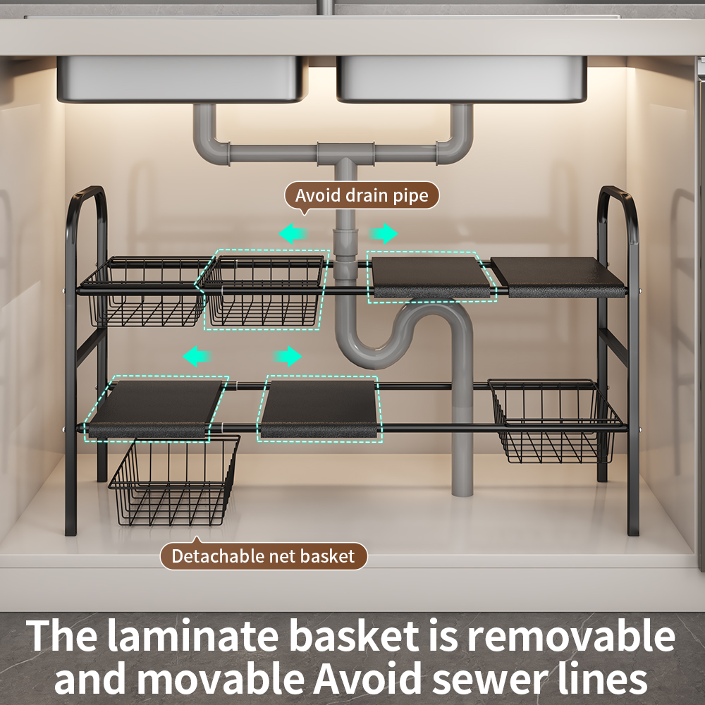 2 Tier Expandable Under Sink Organizer, L-Shaped Adjustable Metal Storage Rack with Removable Baskets for Kitchen Bathroom Cabinet