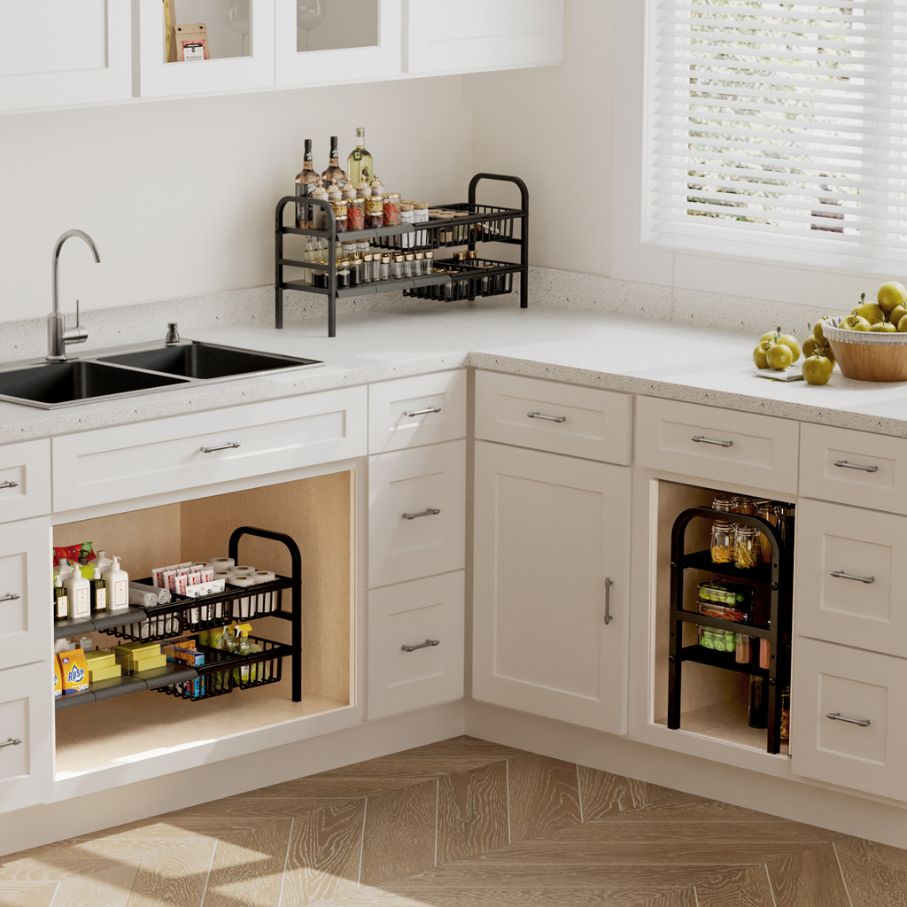 2 Tier Expandable Under Sink Organizer, L-Shaped Adjustable Metal Storage Rack with Removable Baskets for Kitchen Bathroom Cabinet
