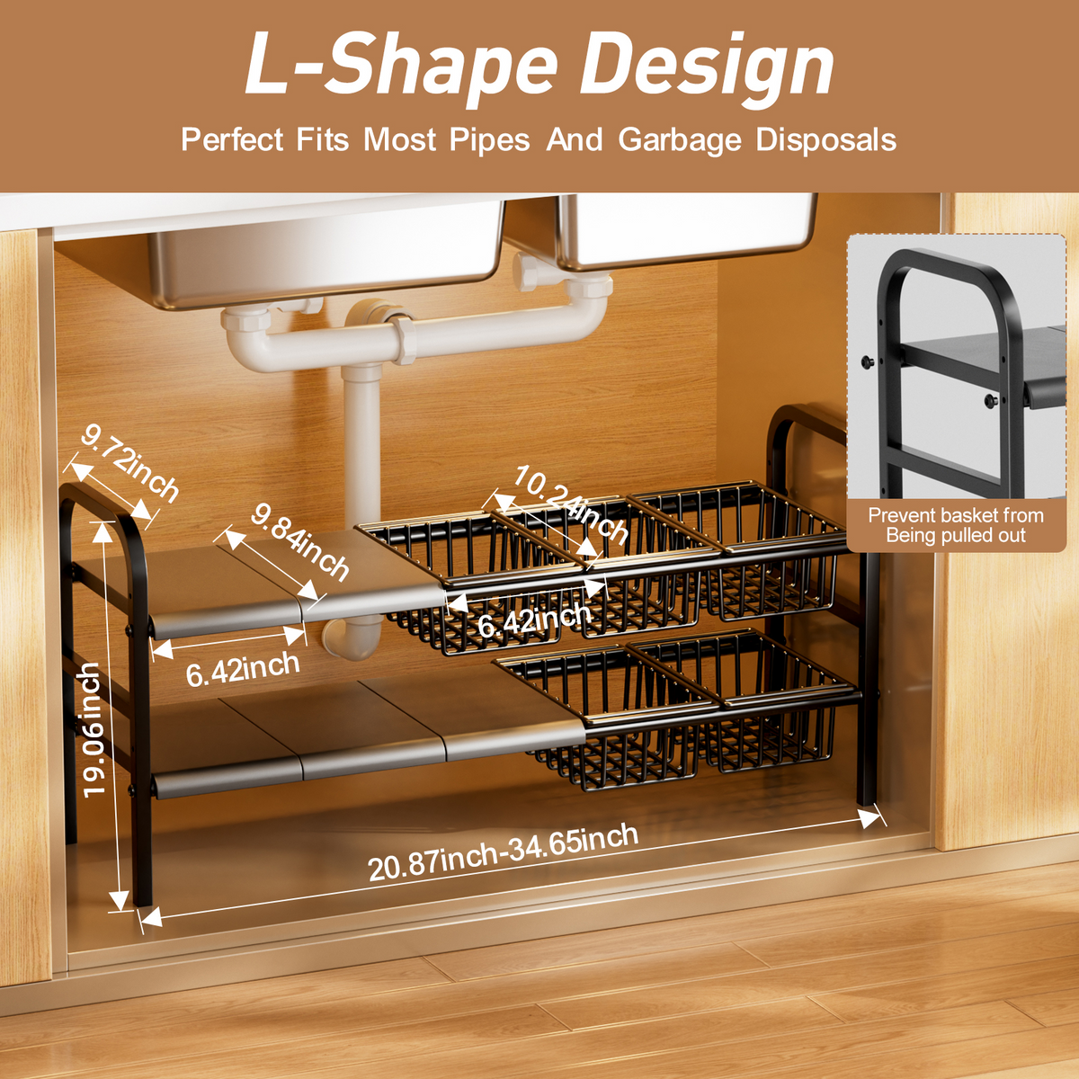 2 Tier Expandable Under Sink Organizer, L-Shaped Adjustable Metal Storage Rack with Removable Baskets for Kitchen Bathroom Cabinet