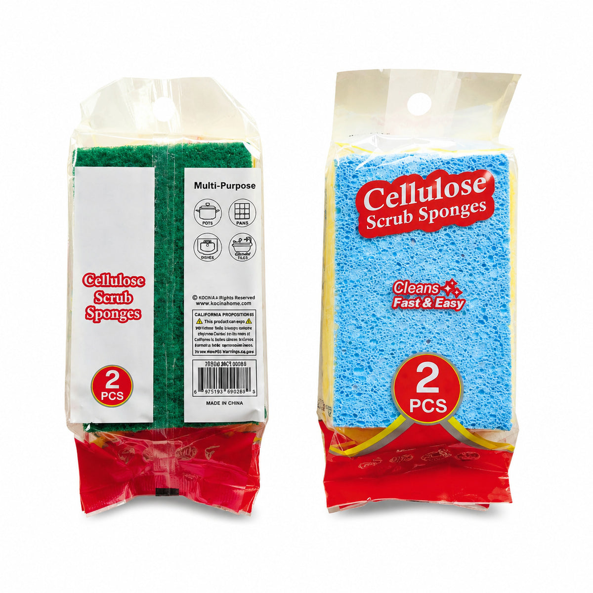 2 Pack Dual-Sided Cellulose Scrub Sponges, Non-Scratch Absorbent Dish Cleaning Sponges for Kitchen Sink Pots Cookware Bathroom