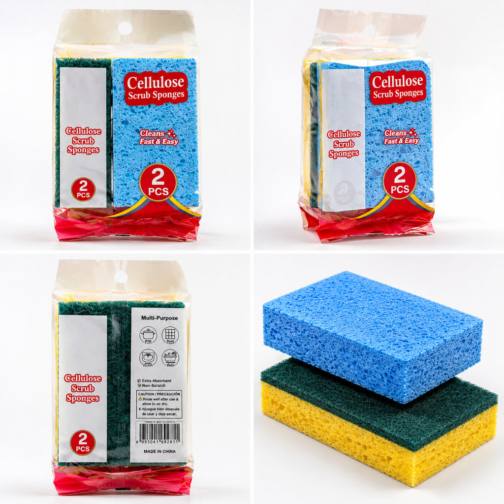2 Pack Dual-Sided Cellulose Scrub Sponges, Non-Scratch Absorbent Dish Cleaning Sponges for Kitchen Sink Pots Cookware Bathroom