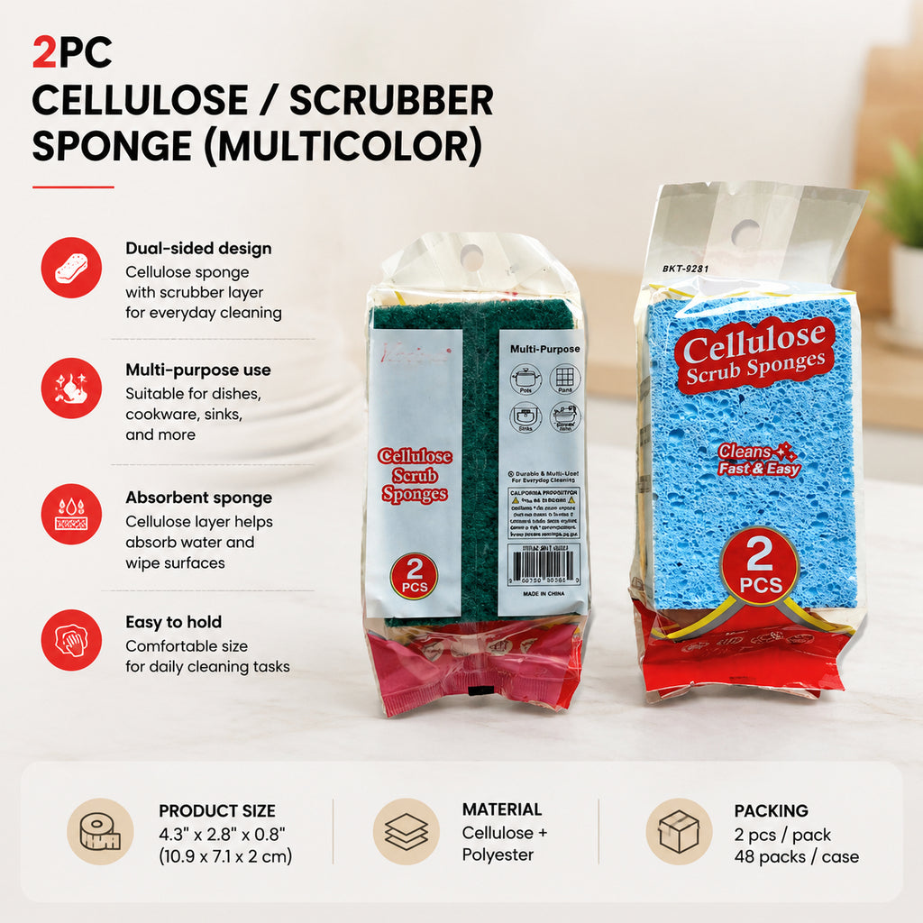 2 Pack Dual-Sided Cellulose Scrub Sponges, Non-Scratch Absorbent Dish Cleaning Sponges for Kitchen Sink Pots Cookware Bathroom