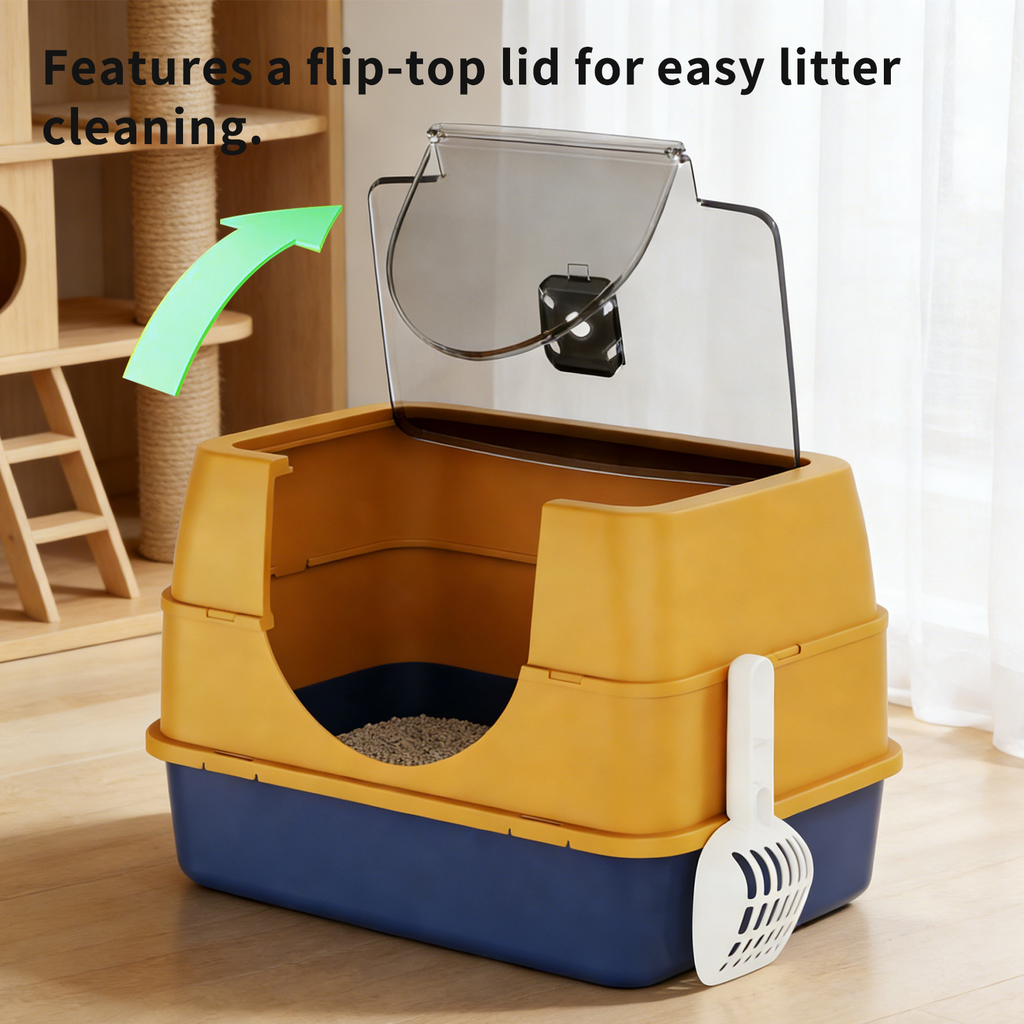 Fully Enclosed Cat Litter Box with Flip Top Lid, Odor Control Large Kitty Litter Pan with Scoop for Indoor Cats
