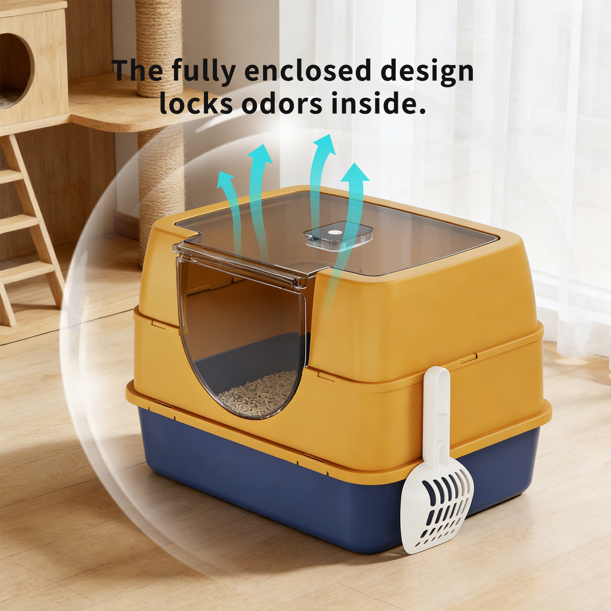 Fully Enclosed Cat Litter Box with Flip Top Lid, Odor Control Large Kitty Litter Pan with Scoop for Indoor Cats