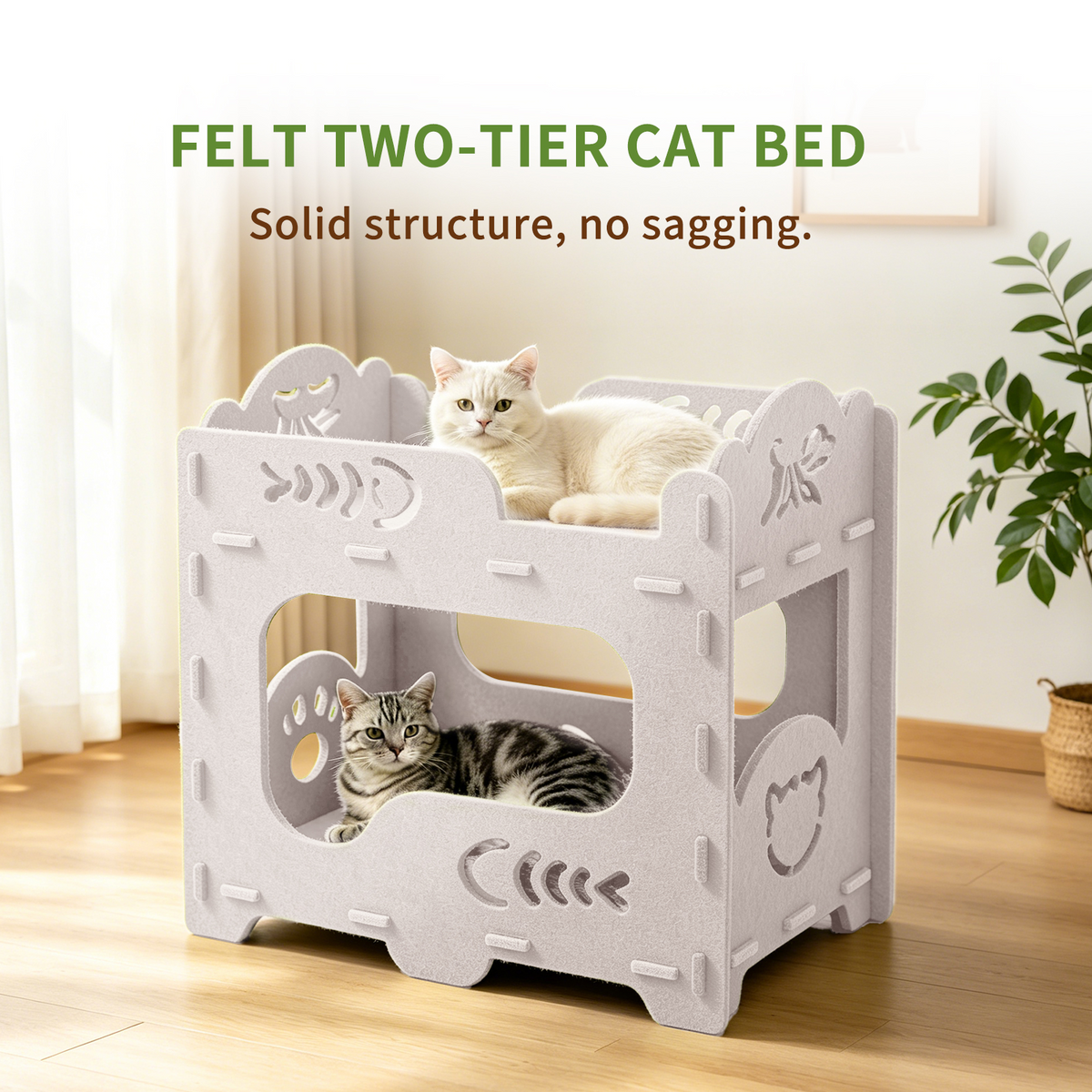2-Tier Felt Cat Bed Condo, Scratch Resistant Breathable Cat House with Anti-Sag Solid Frame, Tool-Free Assembly for Indoor Cats