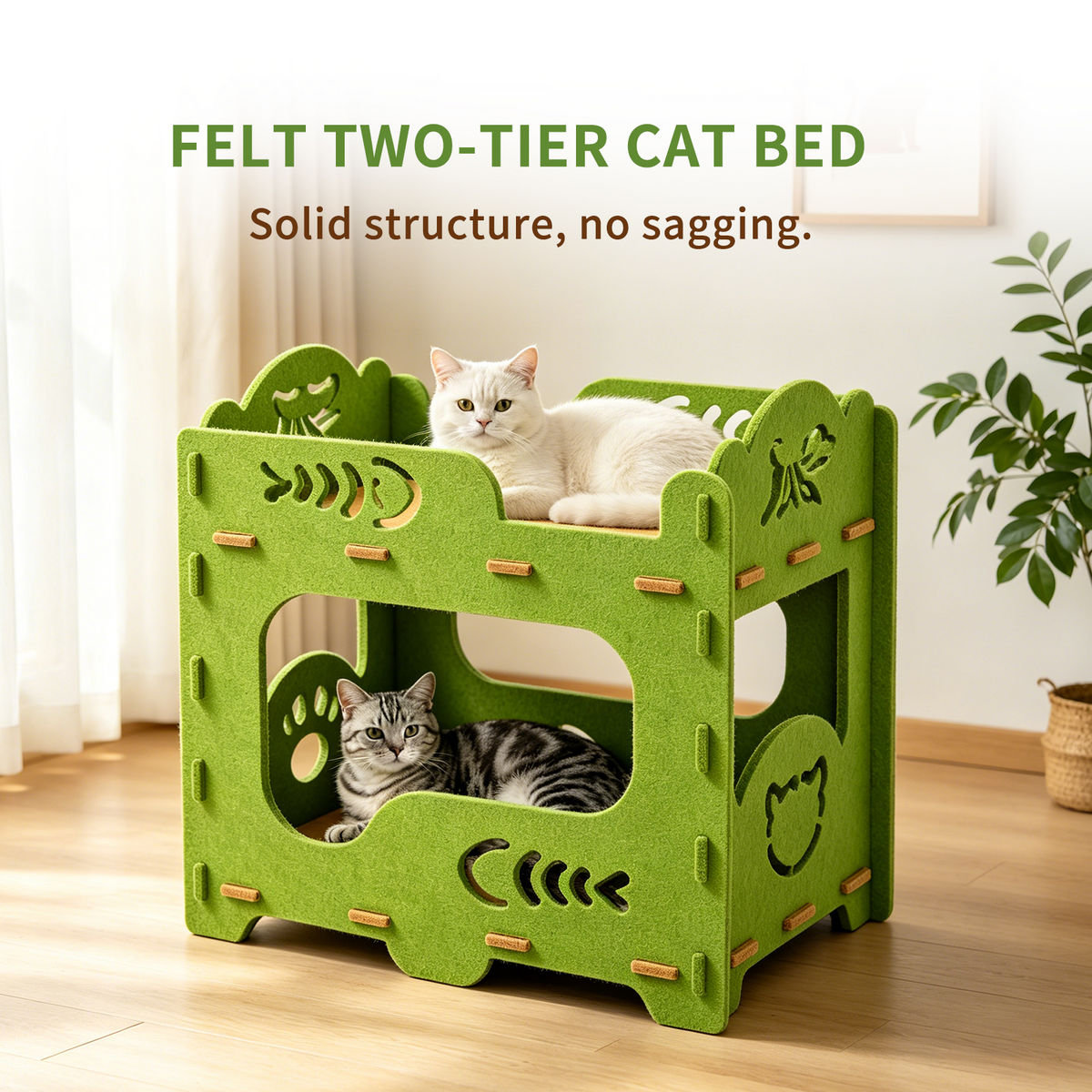 2-Tier Felt Cat Bed Condo, Scratch Resistant Breathable Cat House with Anti-Sag Frame, Tool-Free Assembly for Indoor Cats