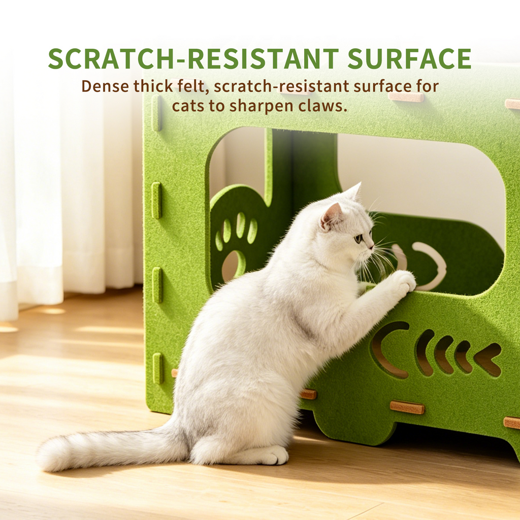 2-Tier Felt Cat Bed Condo, Scratch Resistant Breathable Cat House with Anti-Sag Frame, Tool-Free Assembly for Indoor Cats