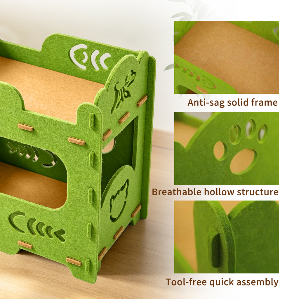 2-Tier Felt Cat Bed Condo, Scratch Resistant Breathable Cat House with Anti-Sag Frame, Tool-Free Assembly for Indoor Cats