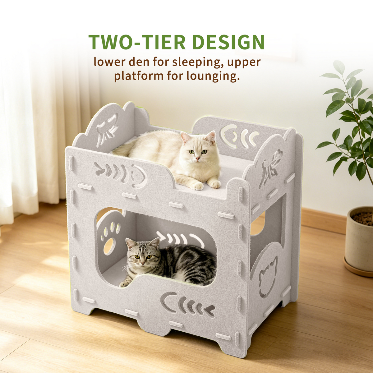 2-Tier Felt Cat Bed Condo, Scratch Resistant Breathable Cat House with Anti-Sag Solid Frame, Tool-Free Assembly for Indoor Cats