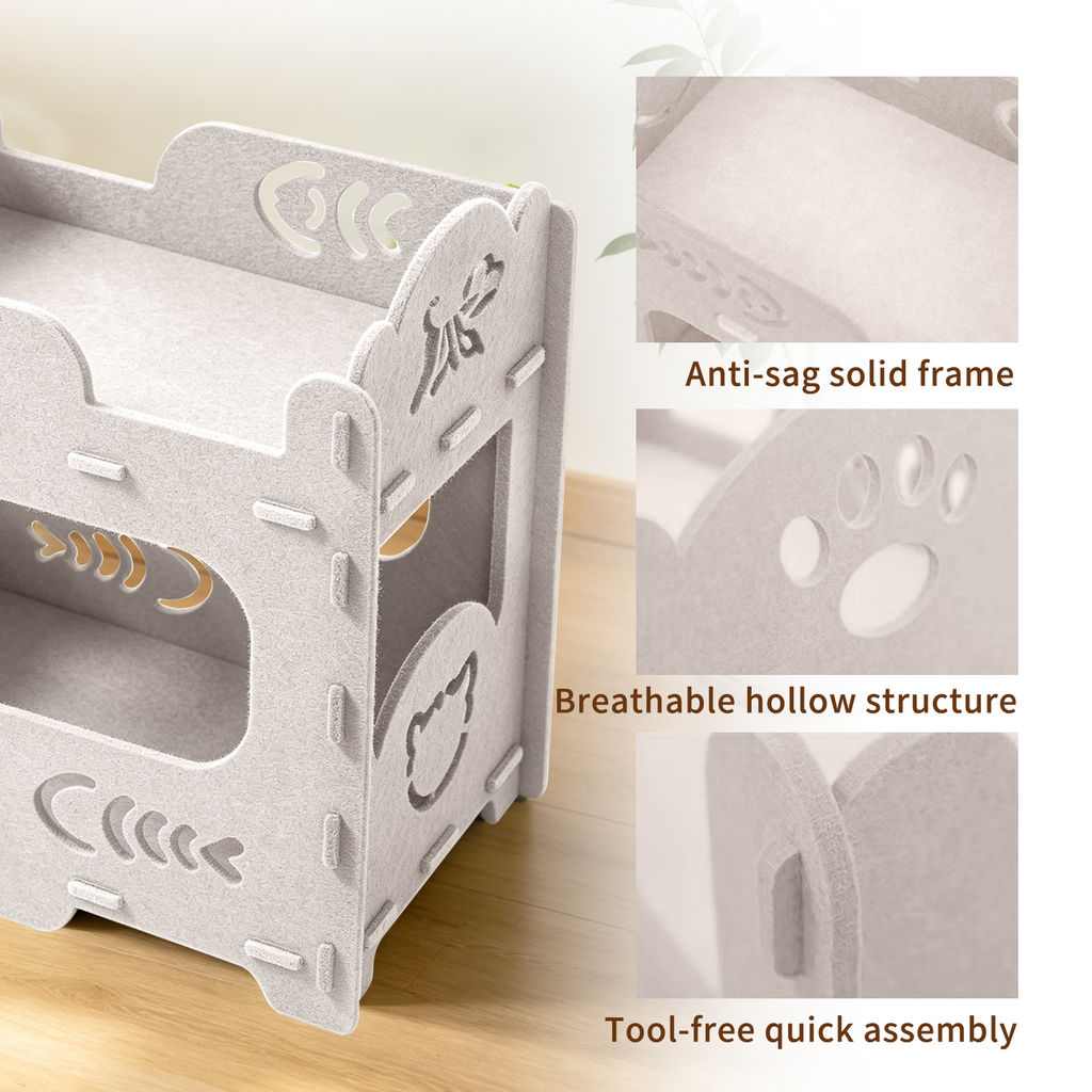 2-Tier Felt Cat Bed Condo, Scratch Resistant Breathable Cat House with Anti-Sag Solid Frame, Tool-Free Assembly for Indoor Cats