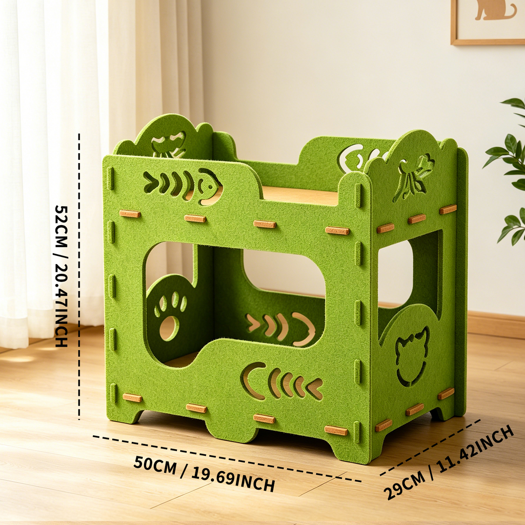 2-Tier Felt Cat Bed Condo, Scratch Resistant Breathable Cat House with Anti-Sag Frame, Tool-Free Assembly for Indoor Cats