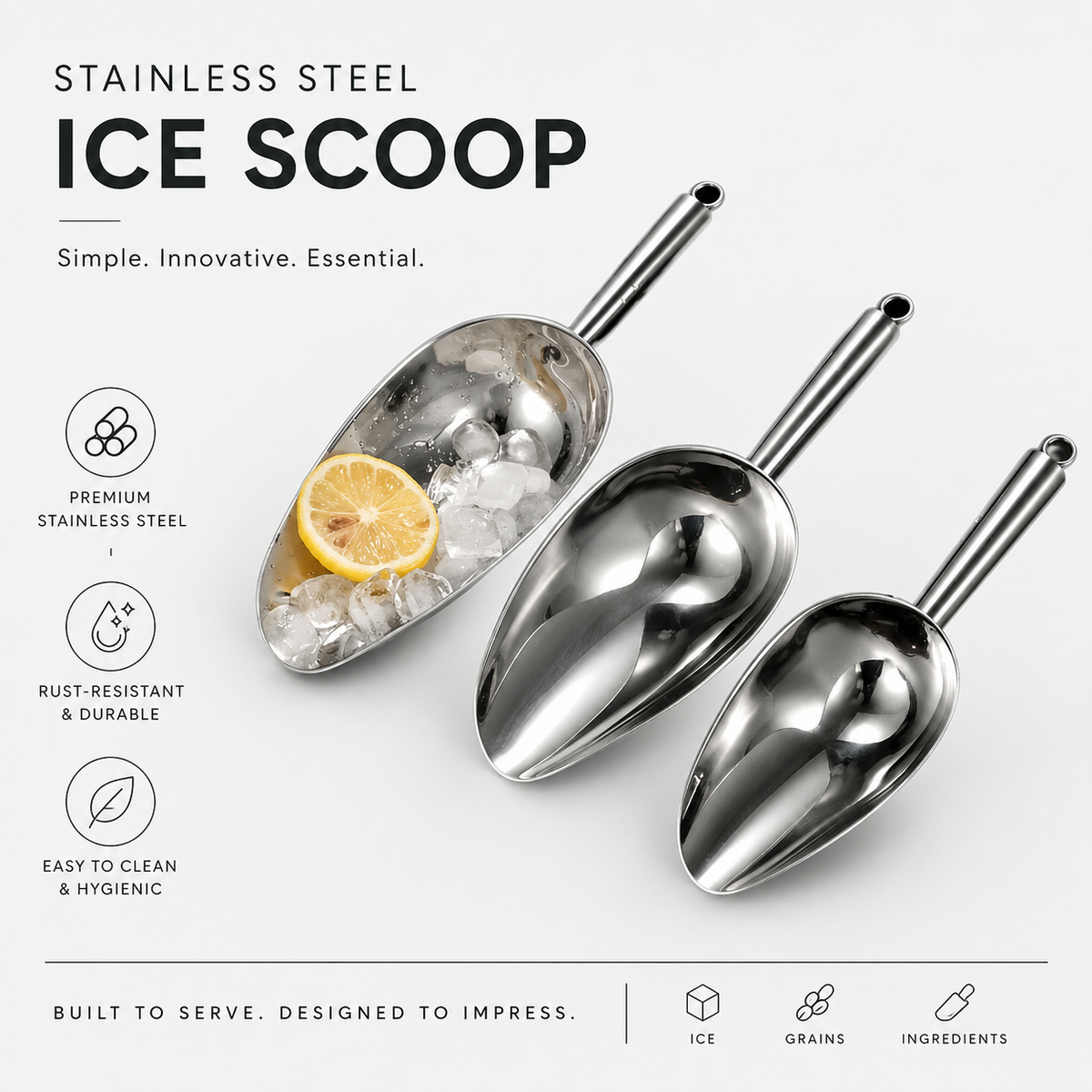 Stainless Steel Ice Scoop, Heavy Duty Rustproof Metal Food Scoop, 18oz/26oz for Ice Grains Flour, Kitchen Bar Pantry Commercial Use