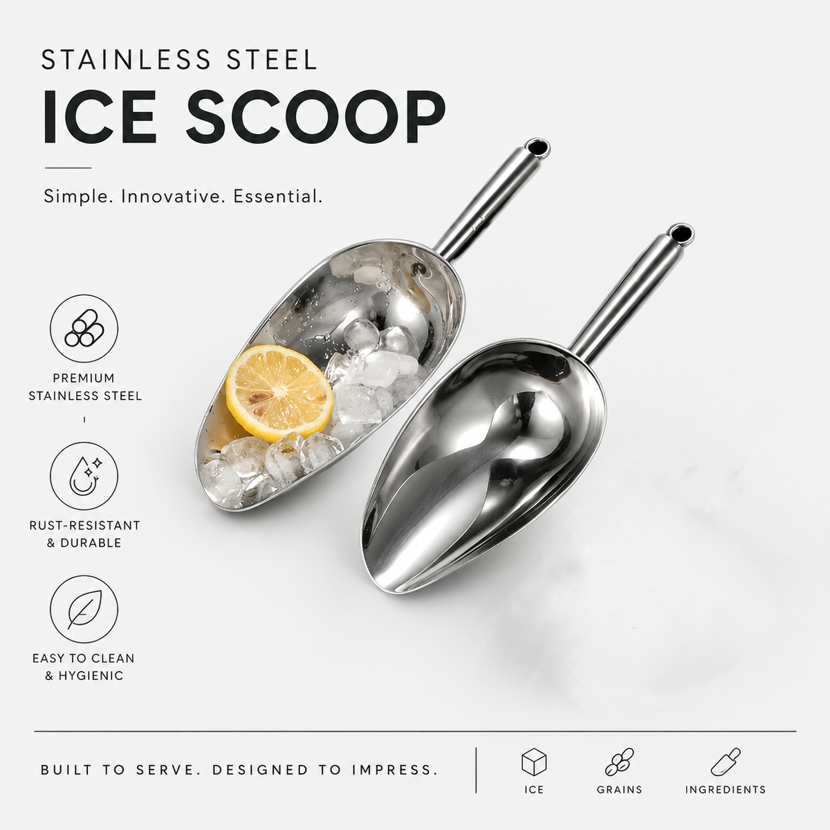 26oz Stainless Steel Ice Scoop, Heavy Duty Rustproof Metal Food Scoop for Ice Grains Flour, Kitchen Bar Pantry Commercial Use